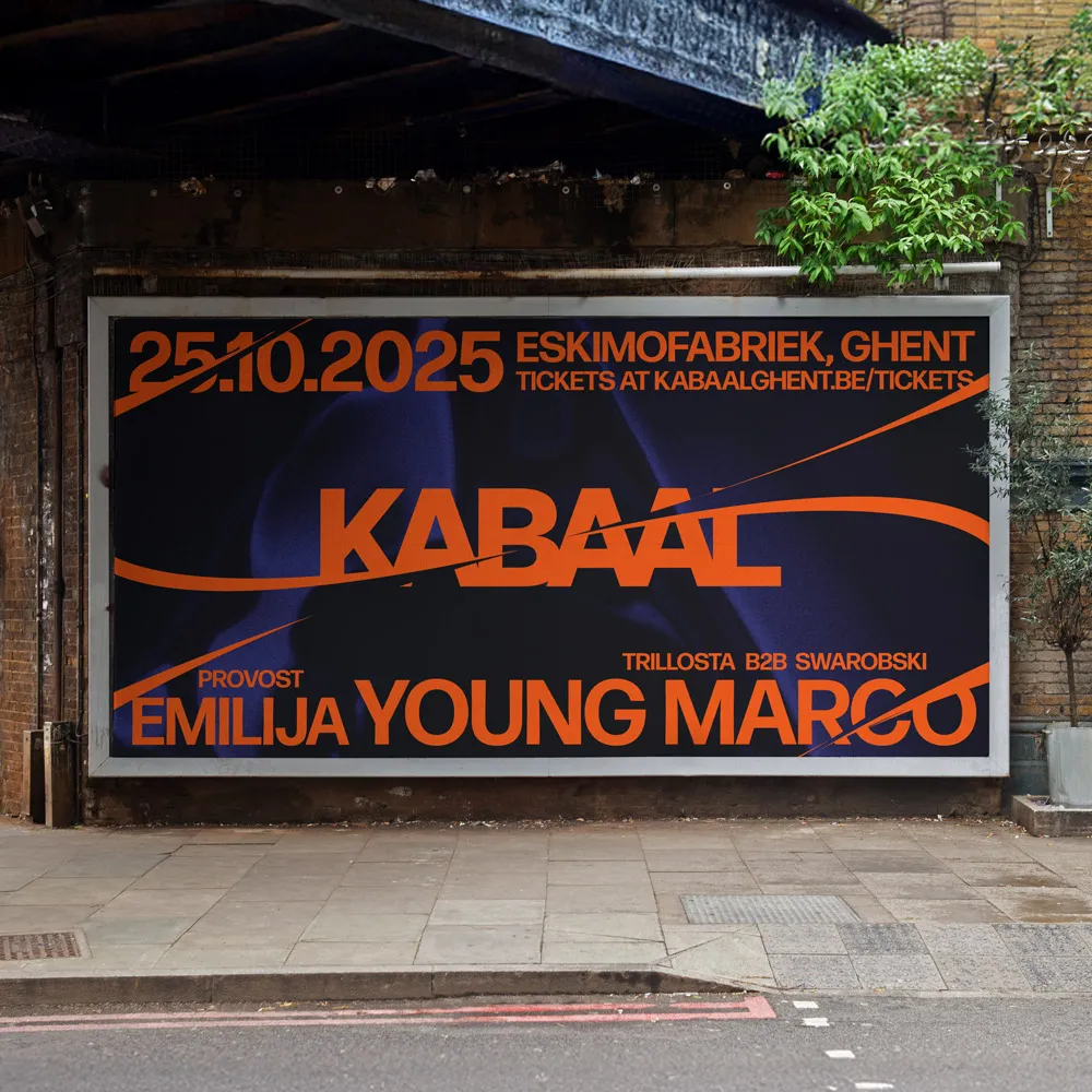 Billboard under a bridge advertising KABAAL event on 25.10.2025 at Eskimofabriek, Ghent with performances by Emilija, Young Marco, and others.