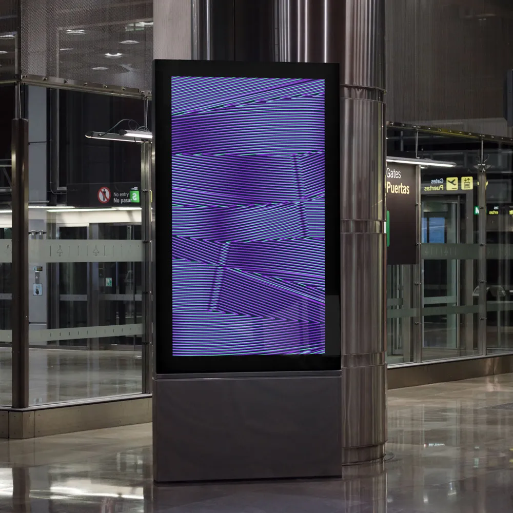 Digital display in an airport showing abstract purple and blue horizontal lines.