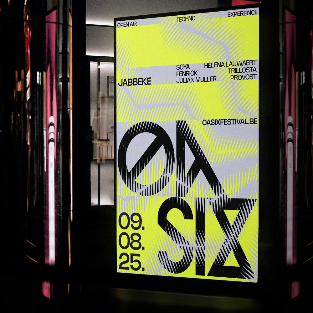 Lit poster for OASIX music festival in Jabbeke on August 25, featuring techno artists Helena Lauwaert, Trillosta, Provost, Soya, Fenrick, Julian Muller.