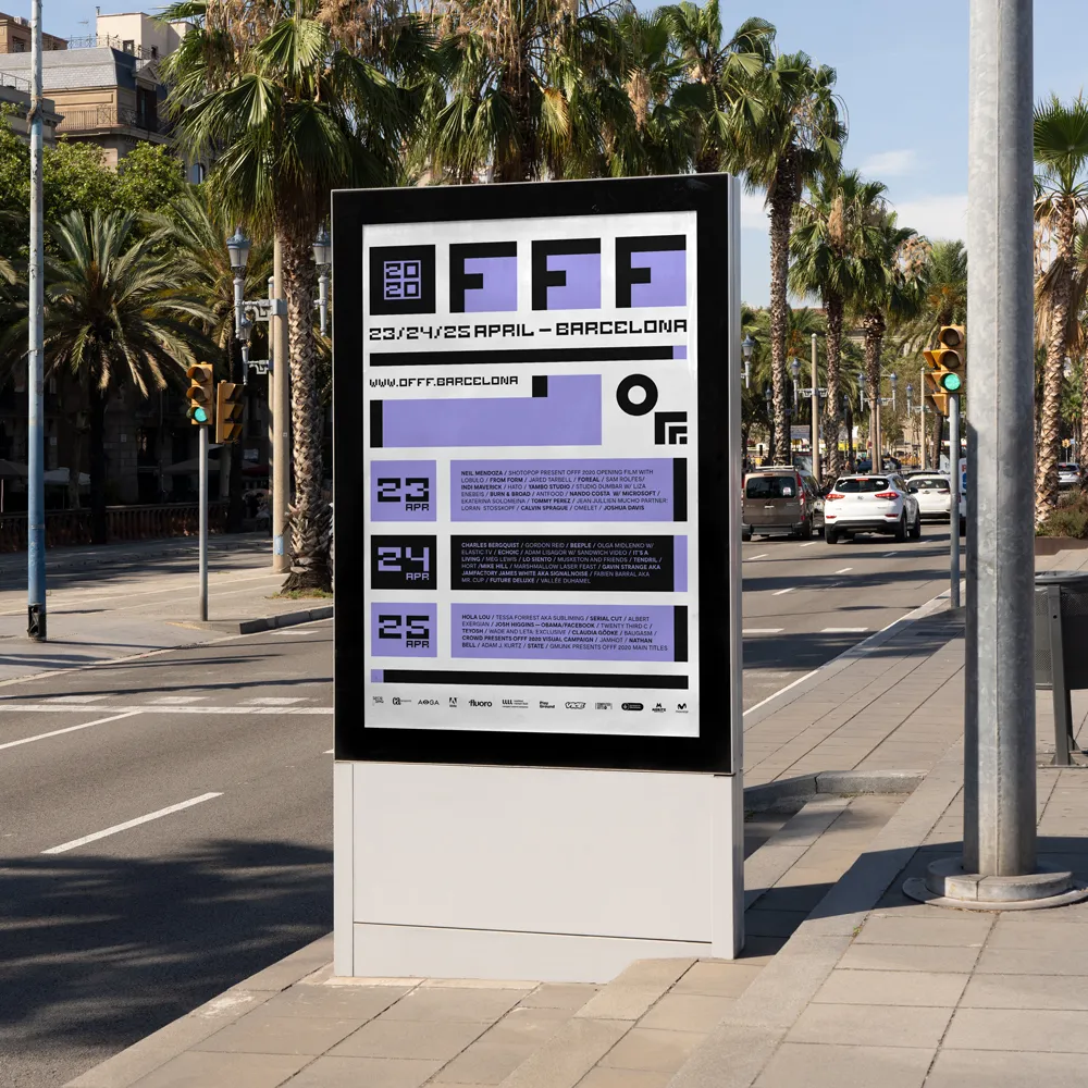 Outdoor digital billboard displaying the 2020 OFFF Festival poster with event dates April 23-25 in Barcelona, set against a street with palm trees and cars.