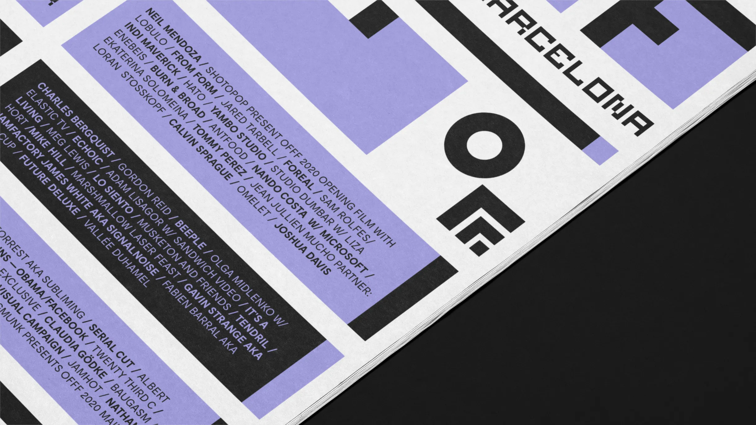 Close-up of a printed page with artist and contributor names for the OFFF 2020 event, featuring Neil Mendoza, Charles Bergquist, and others on a white and lavender background.
