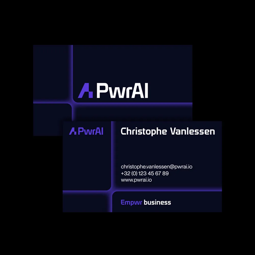 PwrAI business card displaying logo, Christophe Vanlessen contact details, email, phone number, website, and slogan 'Empwr business' on a dark background with purple accents.